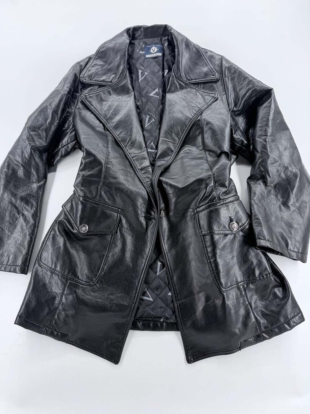 Vintage Made in Italy Black Leather Coat Women L/XL Belted Trench 90s